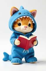 Plush toy cat in blue shark costume reading a book. Trendy character, template for notebook, teenager's diary design, on white background