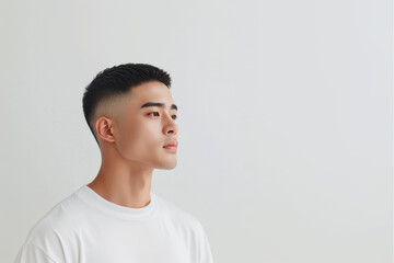 young Asian man with modern haircut gazes thoughtfully to side against light background, conveying sense of calm and introspection.
