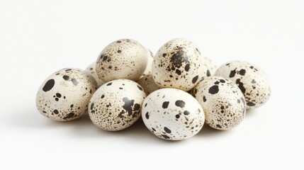 Obraz premium Collection of speckled quail eggs on a seamless white background studio shot