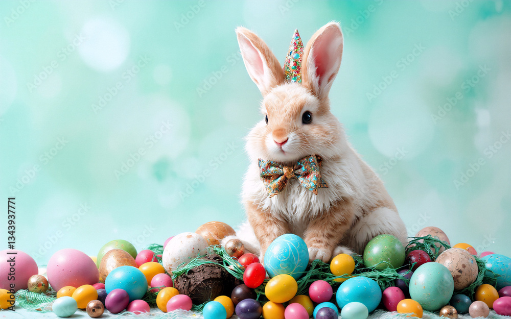 Poster cute bunny with bow tie and unicorn horn surrounded by colorful easter eggs and candy. festive sprin