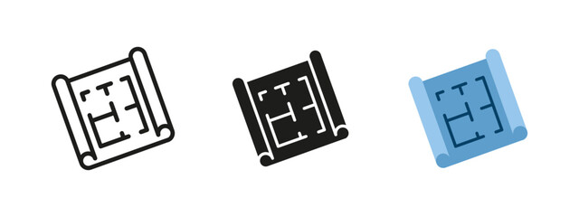 Blueprint icon. Architectural floor plan vector illustration. Construction, engineering, and design document symbol. Technical drawing concept for building projects and real estate planning. © MALAI Studio