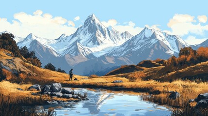 Fototapeta premium Person raking golden field near mountain stream.