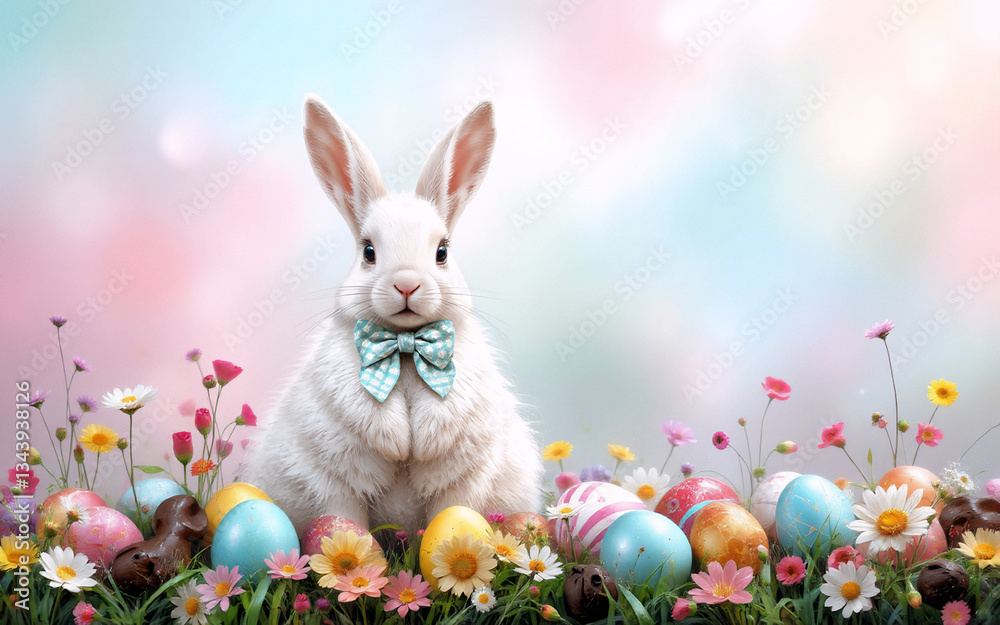 Poster a fluffy white rabbit with a bow tie sits amidst colorful flowers and decorated easter eggs, creatin