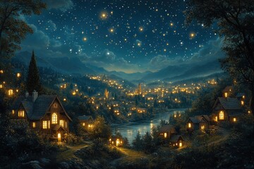 Fototapeta premium Starry Night Over Bethlehem City Nativity Scene Christmas Story Birth of Jesus Christ