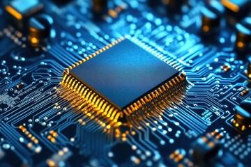 Close-Up of a Microchip on a Blue Circuit Board Background
