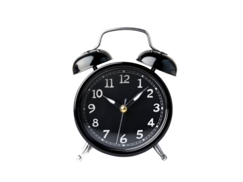 Black Twin Bell Alarm Clock analog classic vintage retro style transparent background.