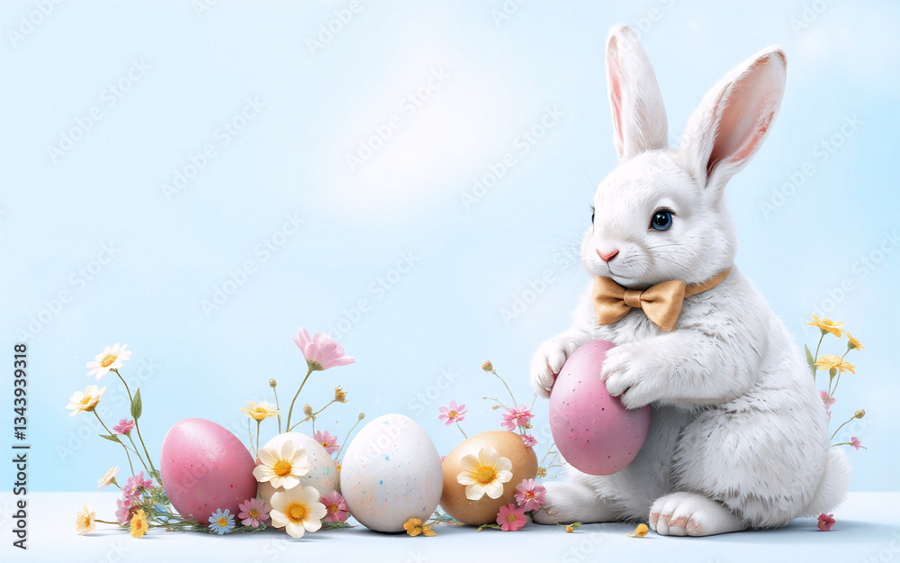 Poster fluffy white bunny wearing a bow tie holds a decorated egg. easter eggs and spring flowers are scatt