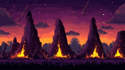 Volcanic landscape game background, fiery peaks