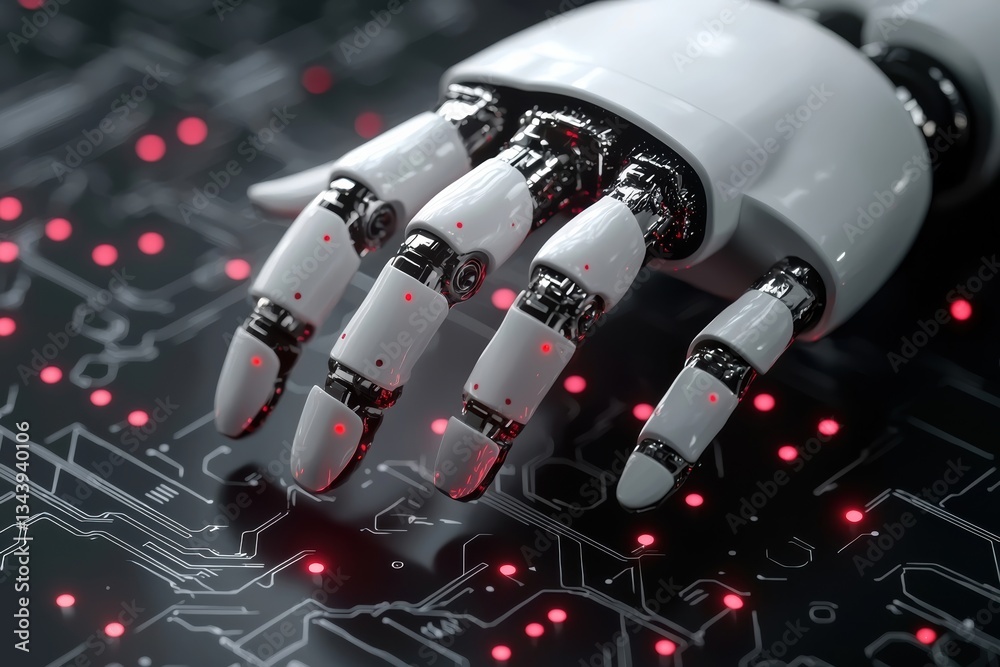 Poster robotic hand with sensors analyzing data for ai-driven decision-making