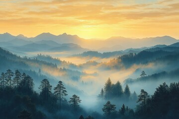 sunrise over misty mountains and tranquil lake surrounded by forest