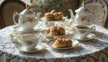 Fototapeta premium Elegant tea party setting with pastries and vintage teacups creating a cozy and inviting atmosphere