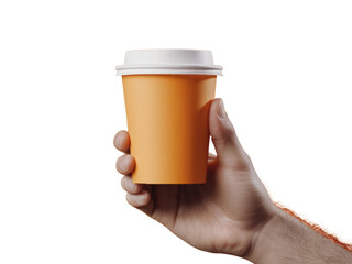 Mockup of male hand holding a blank coffee paper cup on transparent background.