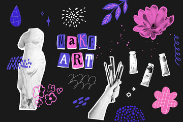Make art collage vision board, hand holding brushes, oil paint tubes, elegant statue halftone figure. Hand drawn doodles and cutouts on black background