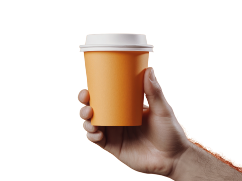Mockup of male hand holding a blank coffee paper cup on transparent background. - Powered by Adobe