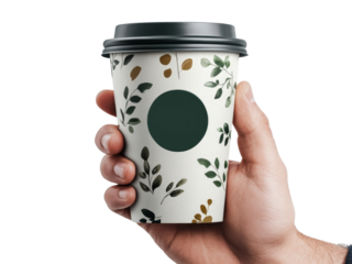 Mockup of male hand holding a blank coffee paper cup on transparent background.