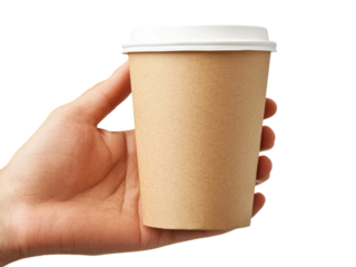Mockup of male hand holding a blank coffee paper cup on transparent background.