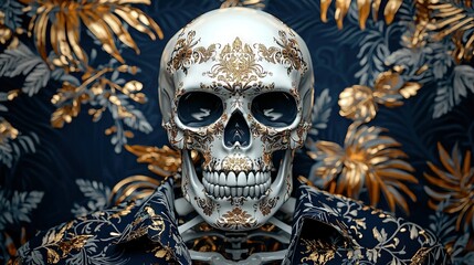   A detailed portrait of a human head adorned in a blue-gold shirt, with gold foliage decorating the background wall
