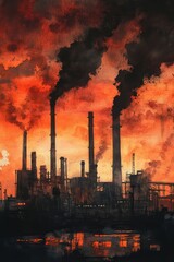 Obraz premium Industrial pollution fills the sky with smoke.