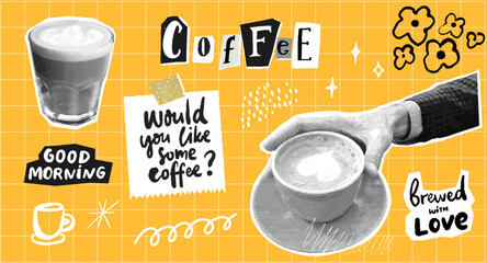 Coffee collage mood board, hand holding cup of cappuccino, flat white in glass, memo notes taped, hand drawn doodles