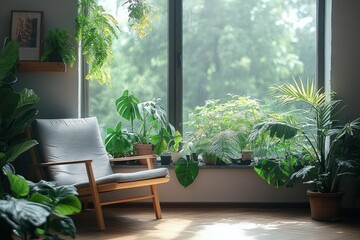 Indoor Tropical Garden Apartment with Grey Armchair and Panoramic Windows Surrounded by Lush Indoor Plants