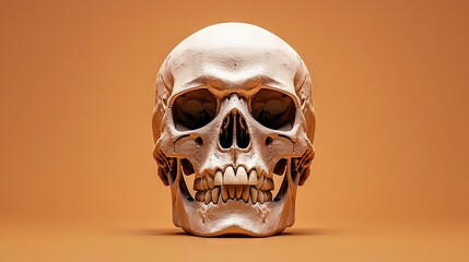 Obraz premium A close-up of a skull wearing glasses against a dark brown background, with an orange background visible in the distance