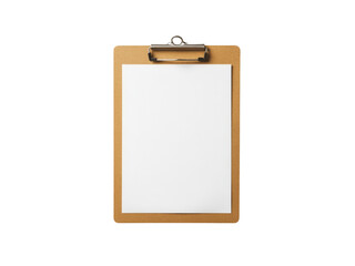 Real photo of a wooden clipboard with blank A4 paper mockup transparent background.
