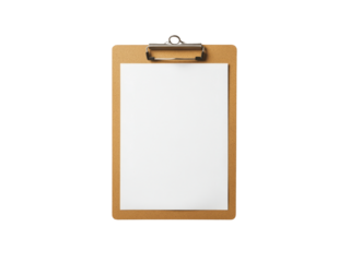 Real photo of a wooden clipboard with blank A4 paper mockup transparent background.