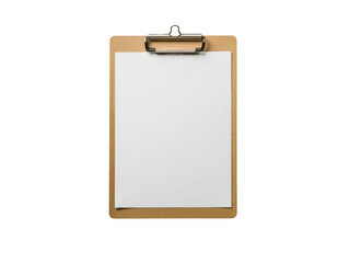 Real photo of a wooden clipboard with blank A4 paper mockup transparent background.