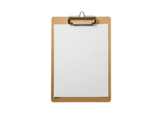 Real photo of a wooden clipboard with blank A4 paper mockup transparent background.