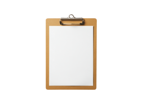 Real photo of a wooden clipboard with blank A4 paper mockup transparent background.