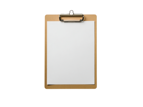 Real photo of a wooden clipboard with blank A4 paper mockup transparent background.