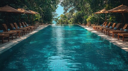 Obraz premium Serene tropical poolside scene with sun loungers and lush greenery