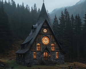 Fototapeta premium A gothic style church nestled in a mysterious forest setting