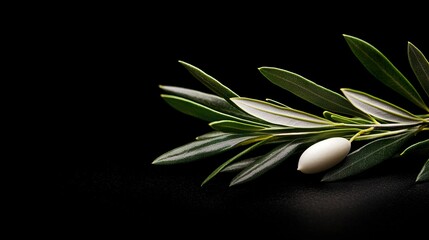   A photo shows a green sprig with two white eggs on a black background