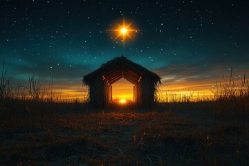 Obraz premium Christmas Nativity Scene Wooden Manger Night Sky Birth of Jesus Christ Star Salvation Messiah God with Us Hope