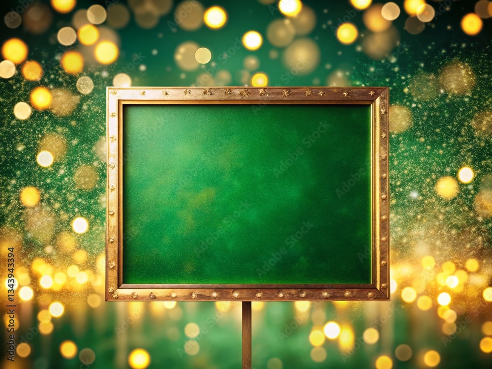 Wall mural emerald green background with golden bokeh lights – empty space for text - festive poster design