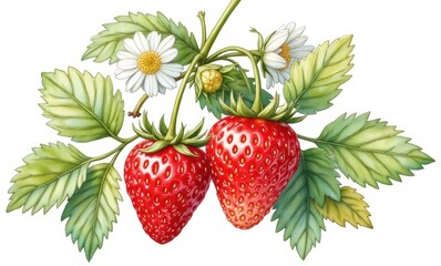 Vibrant red strawberries with foliage