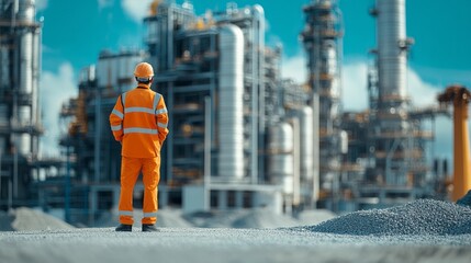 Engineer observes a petrochemical industrial plant with blue sky background
