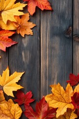 Autumn Leaf Background with Maple Leaves on Wooden Surface Bright Colors Fall Composition