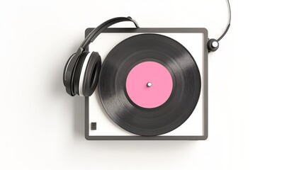 High angle vinyl record player with pink label and headphones on white space