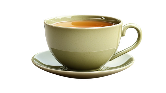 Serene Tea Moment: An eye-level capture of a cup filled with tea, resting on a saucer, ready for a moment of pause, calmness, and enjoyment.
