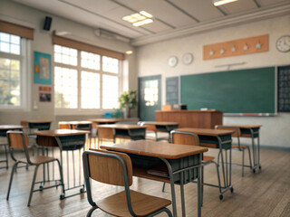 Fototapeta premium bright and inviting school classroom featuring wooden desks, chalkboard, and large windows that let natural light, showcasing modern learning