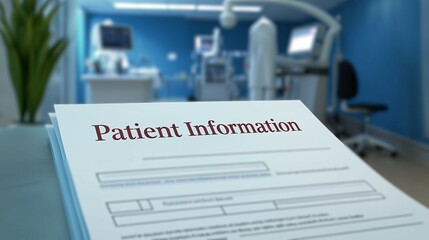 Patient information form on a desk in a modern medical office setting.