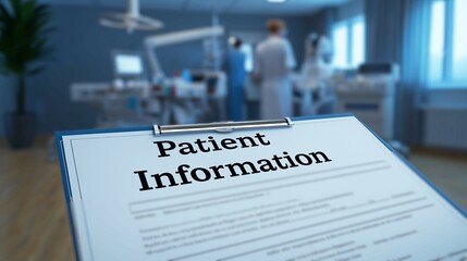 Close-up of a 'Patient Information' form in a bright hospital room with healthcare professionals in the background.