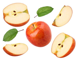 Envy Apple (red apple), half, slice and leaves isolated, fresh red apple, transparent PNG, PNG format, cut out