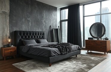 Modern Dark Bedroom Interior with City View