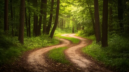 Fototapeta premium Two diverging forest paths: one overgrown, the other well-kept, symbolizing choices between tradition and progress.