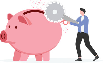 Businessman cuts piggy bank with electric Saw stock

