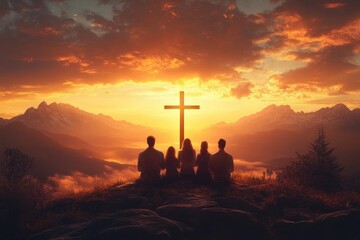 Family Praying Together at Sunset by the Cross of Jesus Christ in a Serene Scene of Faith and Worship