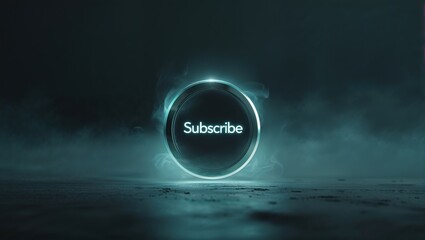 A glowing subscribe button is centered in a dark, misty atmosphere, inviting viewers to engage with new video and podcast content. The design creates a sense of excitement and intrigue